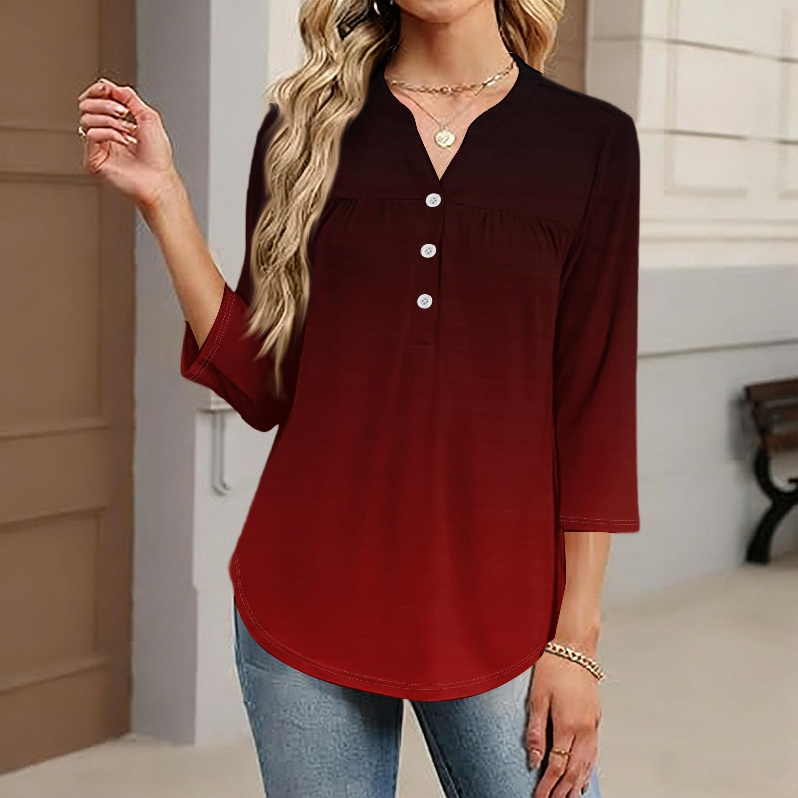 

Women s Fashionable Casual Color Block Gradient Print V-Neck Button Three-Quarter Sleeve T-Shirt Top S винний