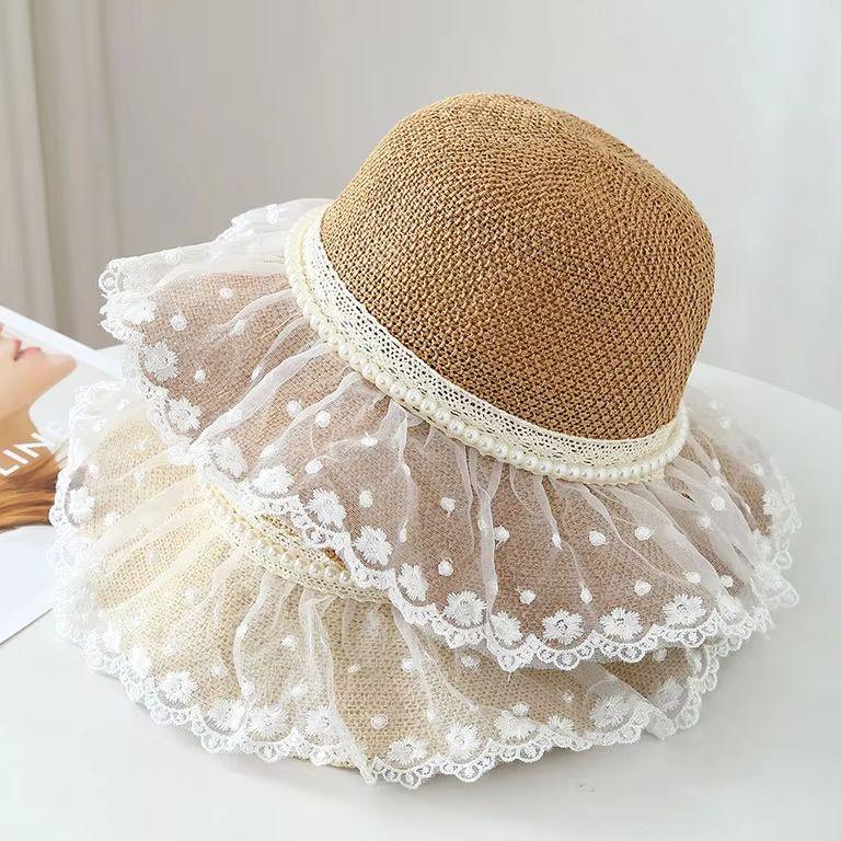 Bucket Hat Sweet Hat Women, Korean Style Lace Trimmed Straw Hat, Summer Beach Vacation Wide Brim Breathable