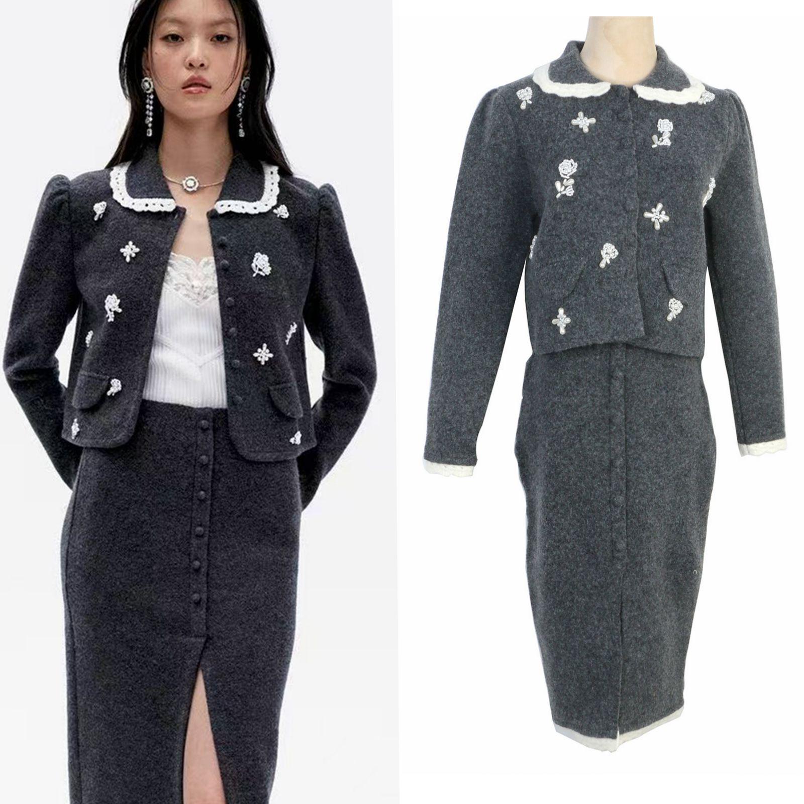 

La Fei Jia Mu Elegant French Beaded Sweater & Skirt Set with Peter Pan Collar S