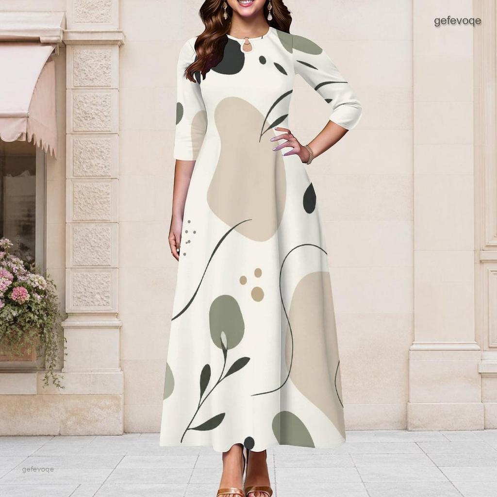 Women Plus Size Keyhole Neck 3 4 Sleeve Abstract Print Long Maxi Dress