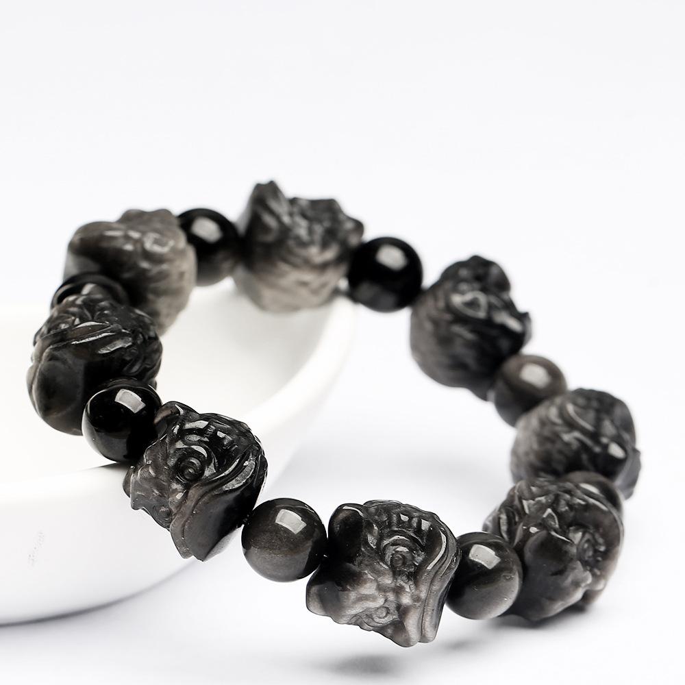 Hongchu Crystal Natural Silver Obsidian Lion Awakening Bracelet Obsidian Lion Awakening Carved Bracelet