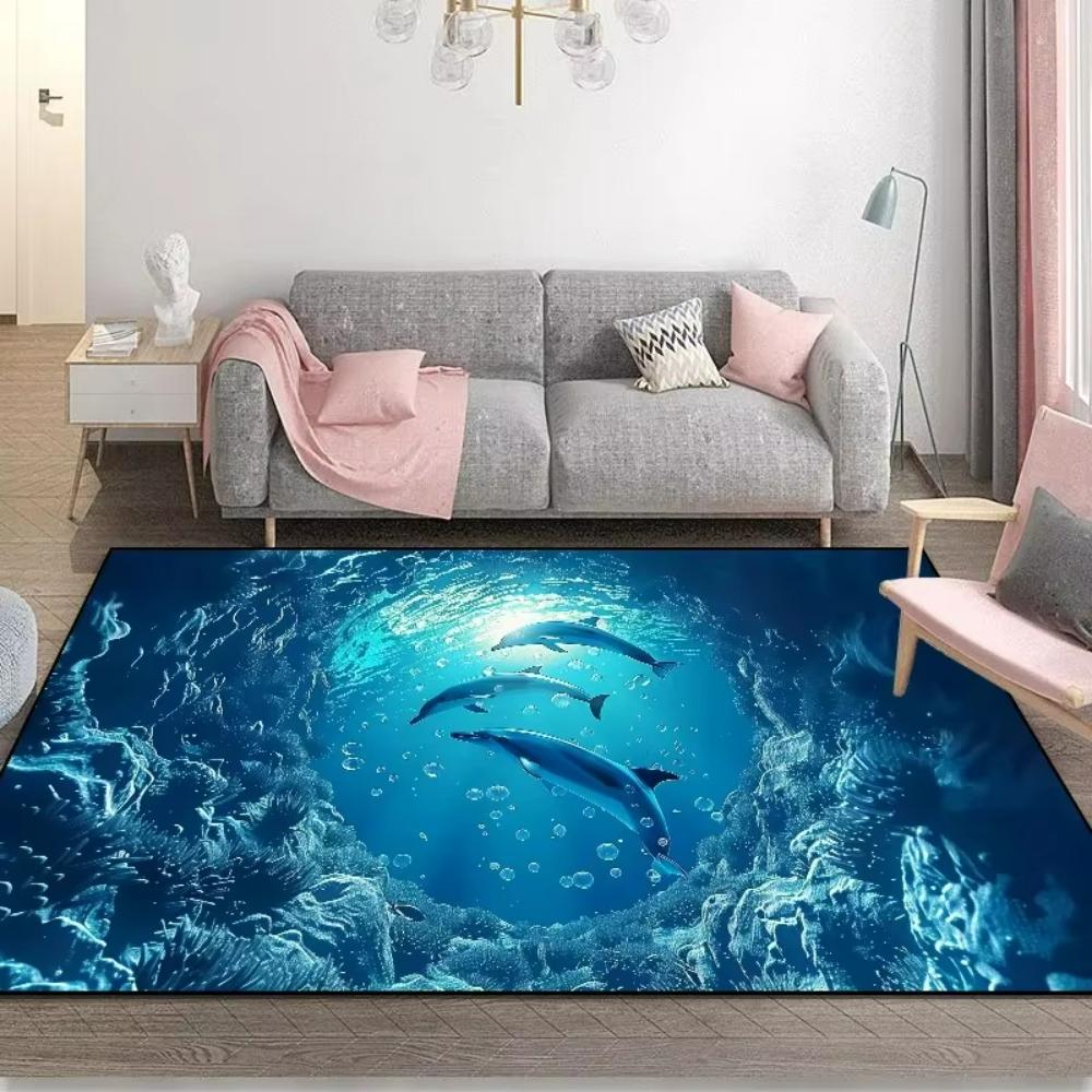 Blue Ocean 3D Dolphin Fish Theme Carpet Living Room Decor Sofa Rug Home Bedside Rug Balcony Coffee Table FloorMat Kid's Play Mat