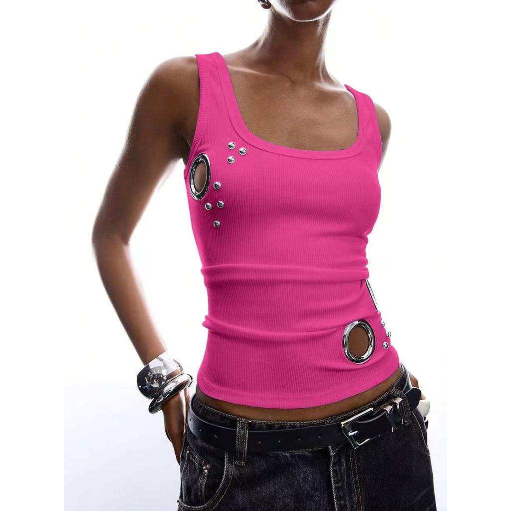 Women Sleeveless Tank Top Pullover Ribbed Knit Casual Summer Vest with Metal Ring Studded Detail Slim Fit