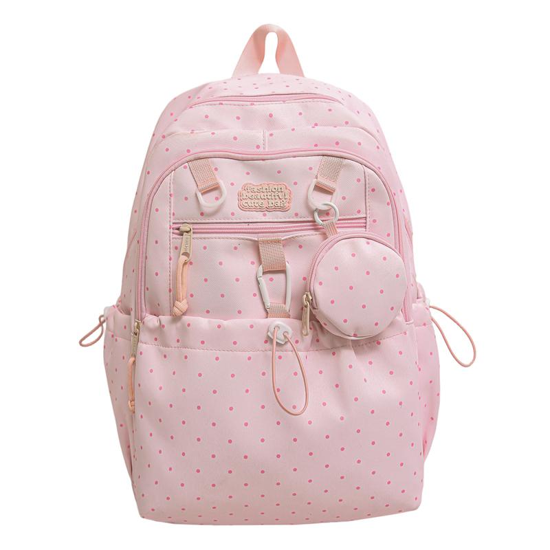 Women's Wave Point Print Backpack Junior High School Student Schoolbag Large Capacity Backpack with Coin Purse