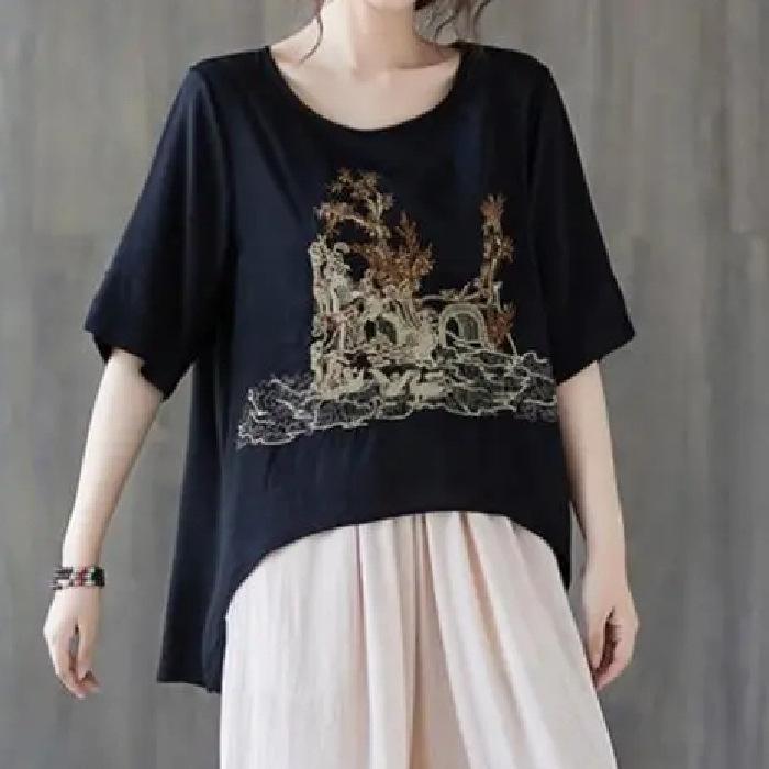 Literary Embroidered Cotton Linen Medium Long Short Front and Long Rear Irregular Hem Slit Top Short Sleeve Women's Summer T-shirt