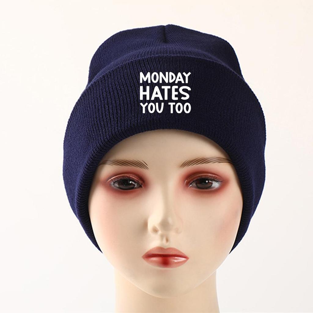 MONDAY HATES YOU TOO" Warm Knit Cap Beanie, White Text Man Cap Stretchy Candy Color Solid Color Gorro Knitted Hat Beanie