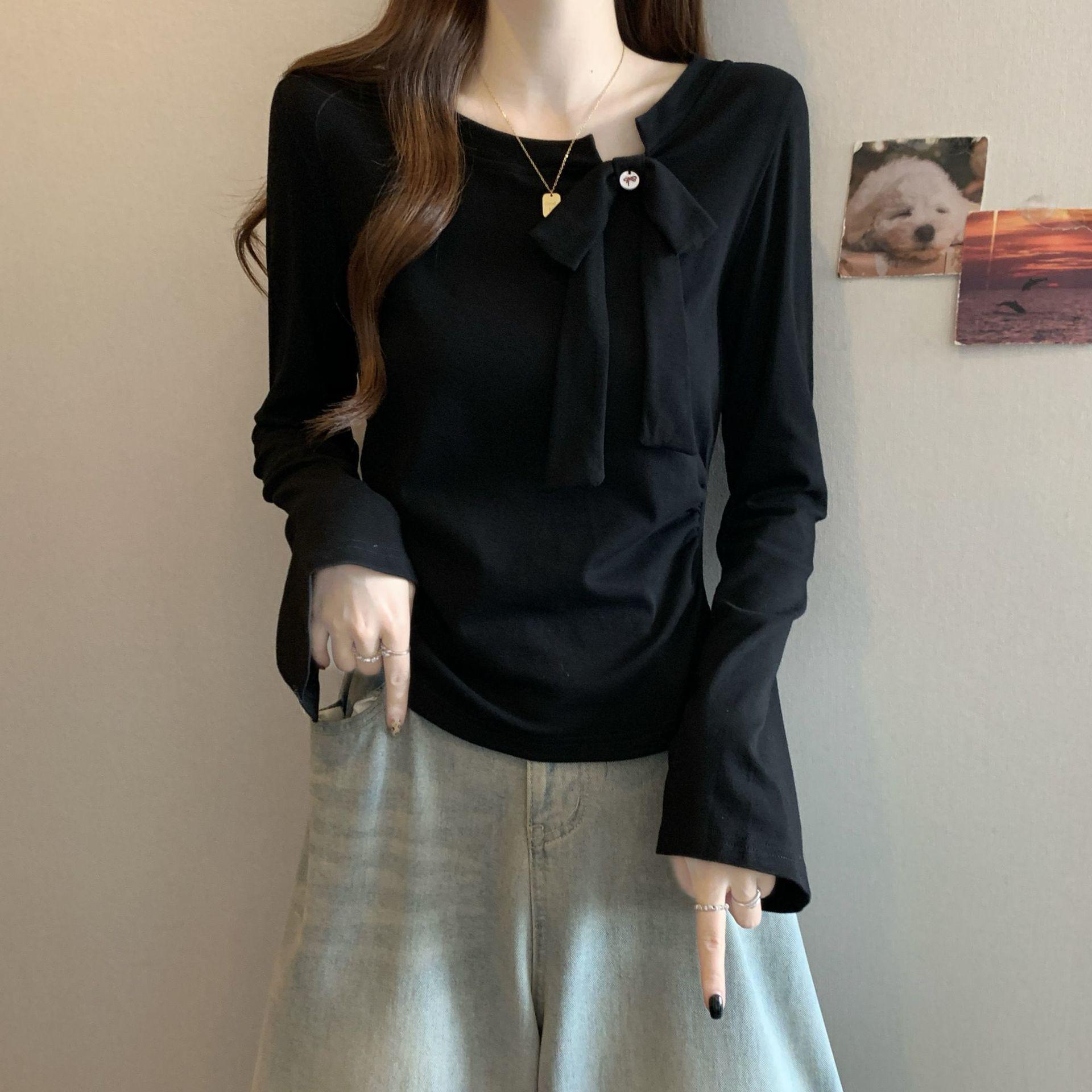 Plus Size Velvet Bow Long Sleeve T-shirt Women s Autumn/Winter Slimming Fashion Top S (for 30-40kg) чёрный