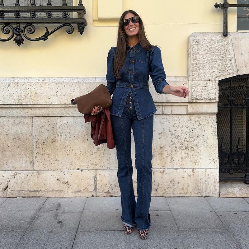 Ensembles décontractés en denim pour femmes, vestes slim à revers et manches bouffantes, pantalons droits taille haute, mode printemps 2025, ensemble 2 pièces pour femme
