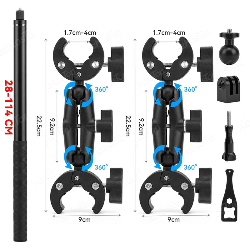 For GoPro 13 12 11 10 9 DJI Action 5 Pro Super Camera Clamp Mount Adapter Double Head Holder for Motorcycle Bracket Selfie Stick