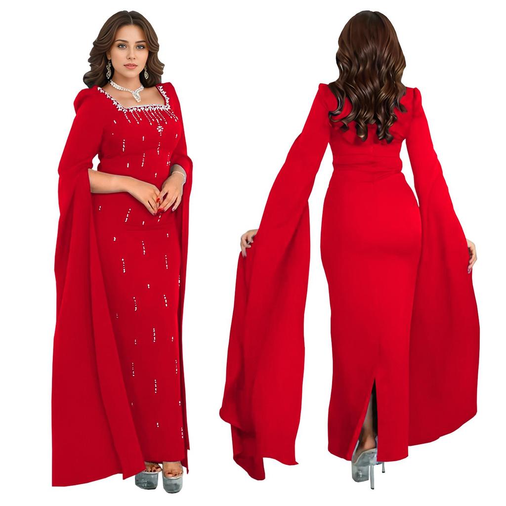 Cross-Border Elegant Women's Dress with Back Slit, Cape Sleeves, and Rhinestone Details