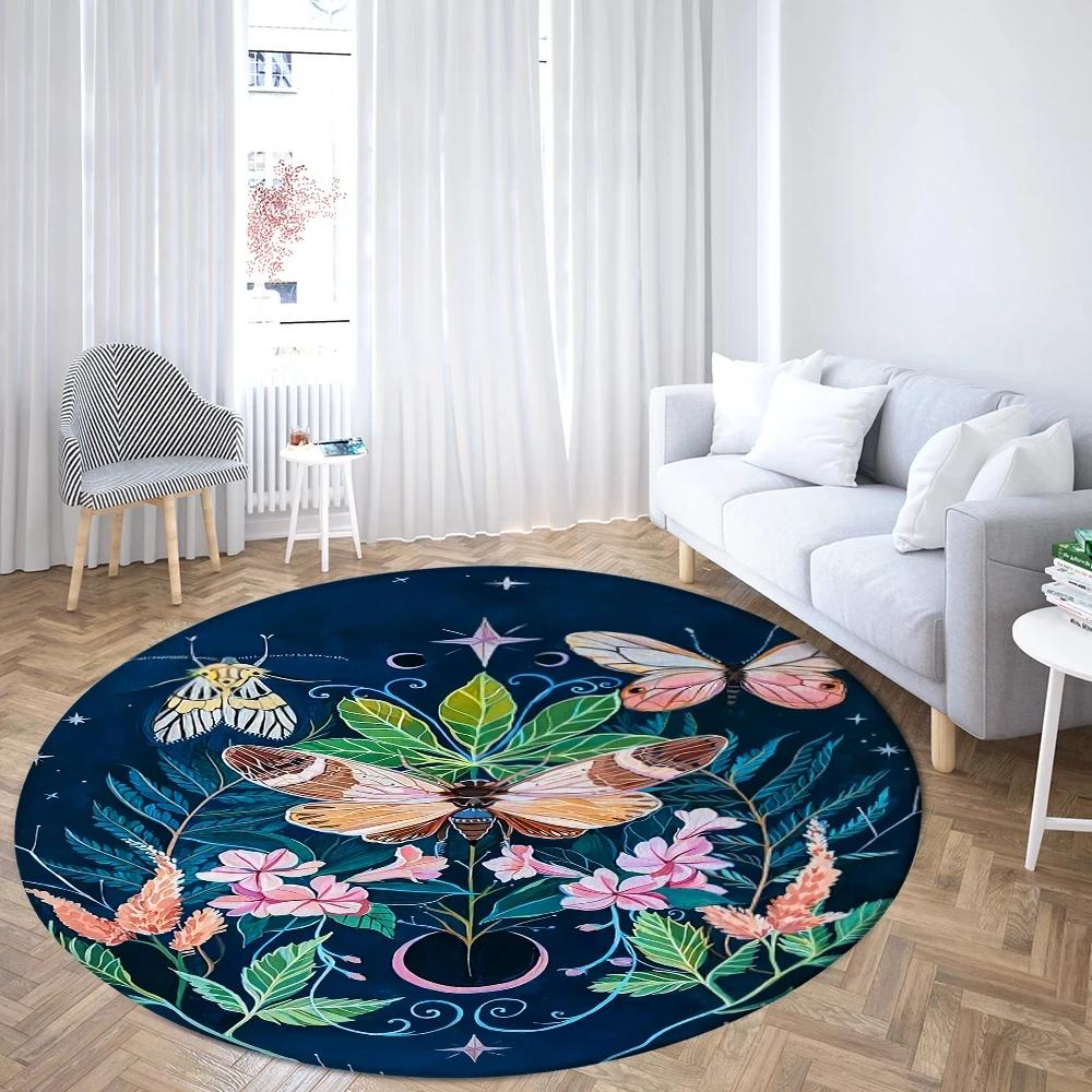 Boho Mushroom Butterfly Round Rug Cartoon Mushrooms Carpet for Living Room Office Bathroom Decor Kawaii Fungus Indoor Floor Mat