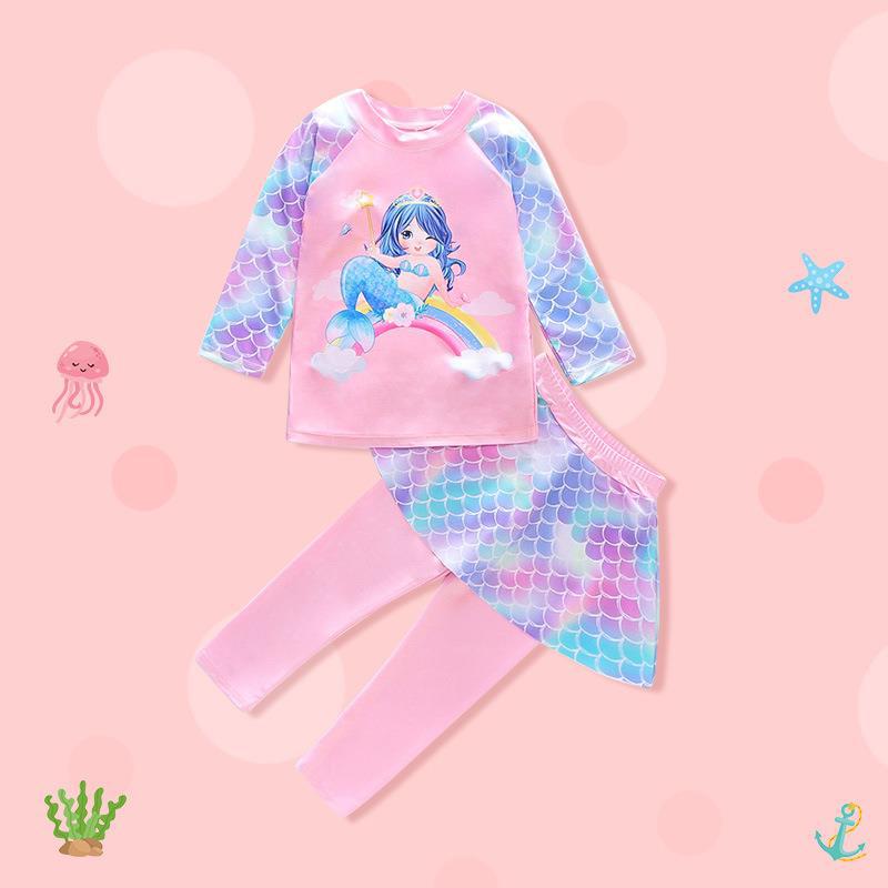 Kids' Long Sleeve Mermaid Swimsuit with Sun Protection and Quick-Dry Pants