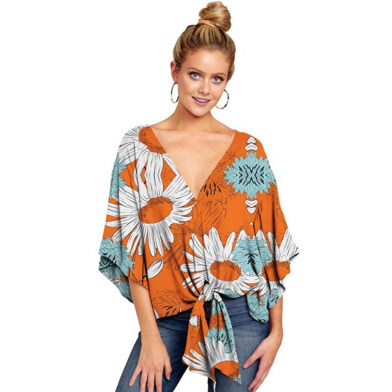 Women s Daisy Floral Print V Neck Batwing Blouse Tie Front Casual Summer Top S жёлтый