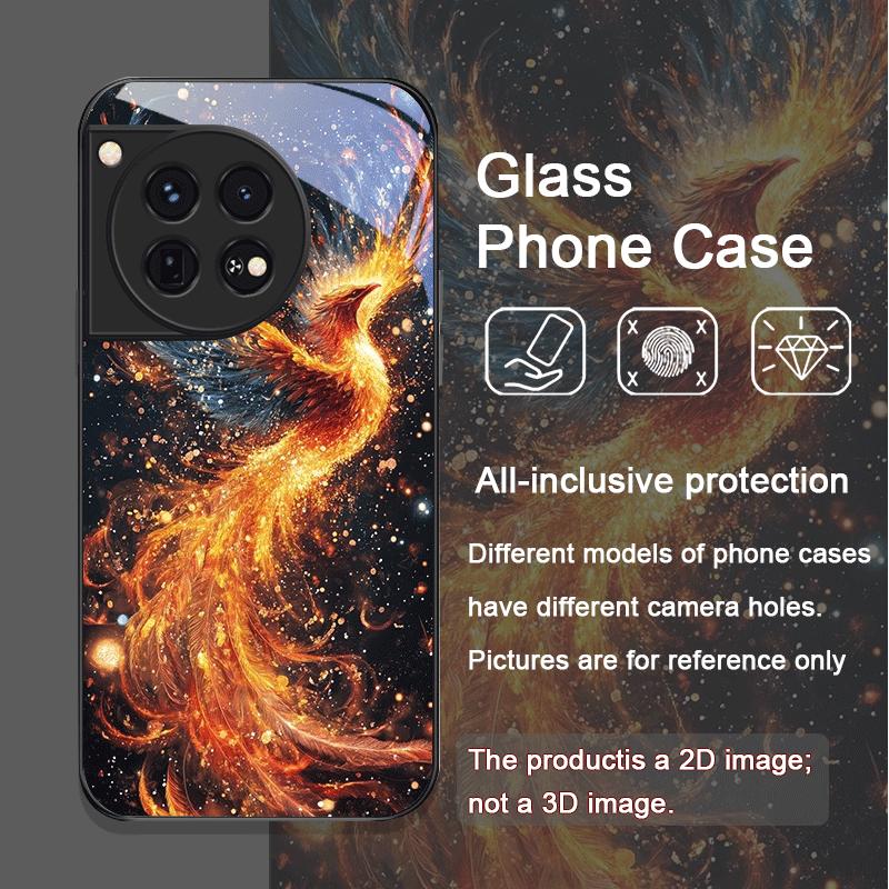 Ästhetisches Phoenix-Feuerfeder-Muster Gehärtetes Glas Handyhülle für OnePlus 13 R 12 11 10 ACE2 3 Pro Nord 2T 4 2 CE3 Lite Cover