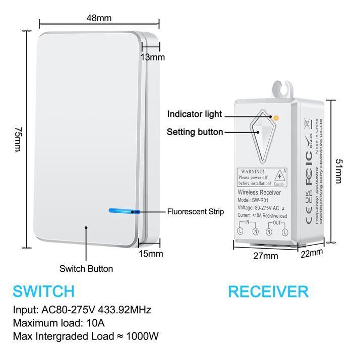 AIMOONSA Interrupteur sans fil 433 MHz - Pack 2 émetteurs + 1 récepteur, IP66, 10 A, ≤1000 W