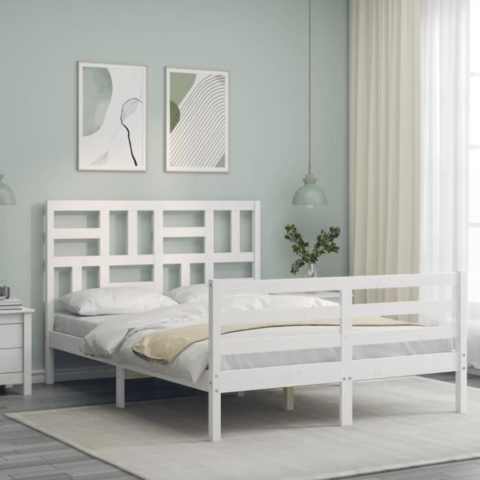 VidaXL Cadre de lit avec tête de lit blanc petit double bois massif 3194867