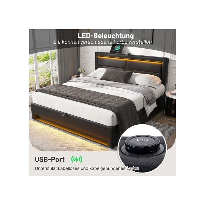Lit rembourré - MUVOE - 140 x 200 cm - USB - Éclairage LED - Rangement sous le lit