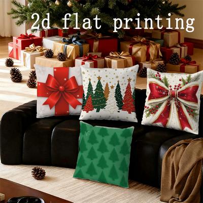 Home Decor Christmas Tree & Bow Printed Pillow Covers Pattern Cushion Cover Suitable for Sofa Bedroom Car Pillow Cover