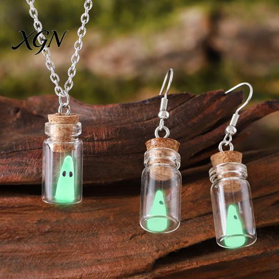 Unique Handmade Fantasy Gift Glow Ghost Necklace, Glow-in-the-dark in Bottle Pendant, Cute Halloween Party Favors Necklace Earrings, Gothic