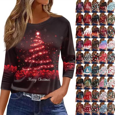 Women's T Shirt Christmas Print 3/4 Sleeve Daily Weekend Fashion Basic Round Neck Regular Top