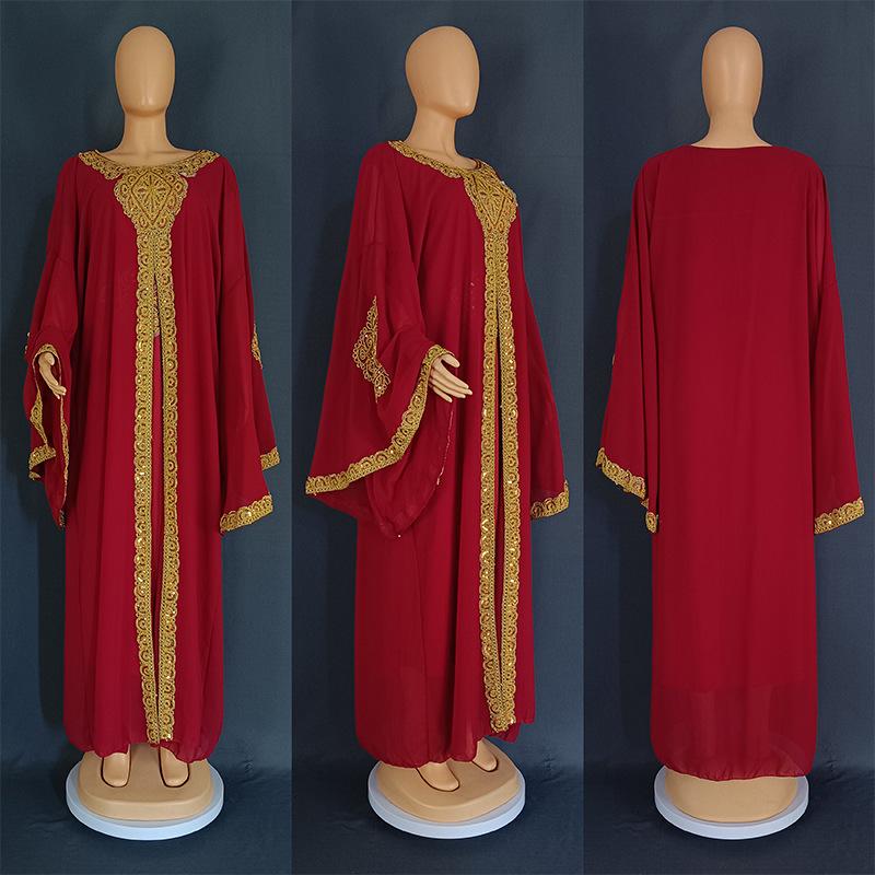 Embroidered Flared Sleeve Jalabiya with Gold Lace