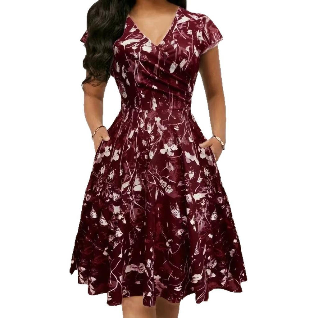 V-Neck Floral Print Midi Dress with Ruffled Waist In Multi-colors