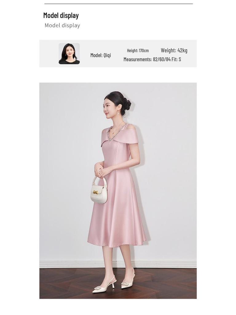 Elegant French V-Neck Off-Shoulder Summer Evening Dress - Light Luxury Studded Waist-Hugging Design