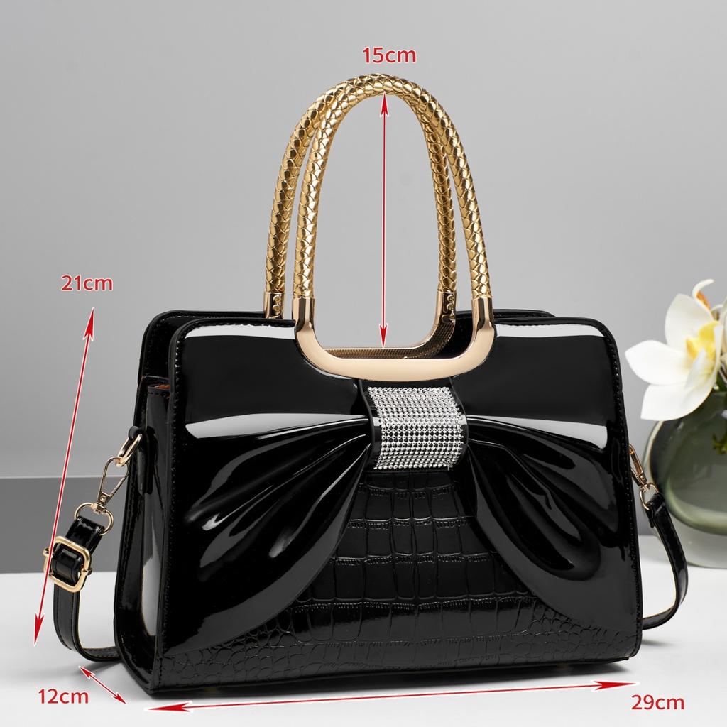 Patent Leather Bow Handbag, Decorated Top Handle Bag, Women's Formal Shoulder Crossbody Purse