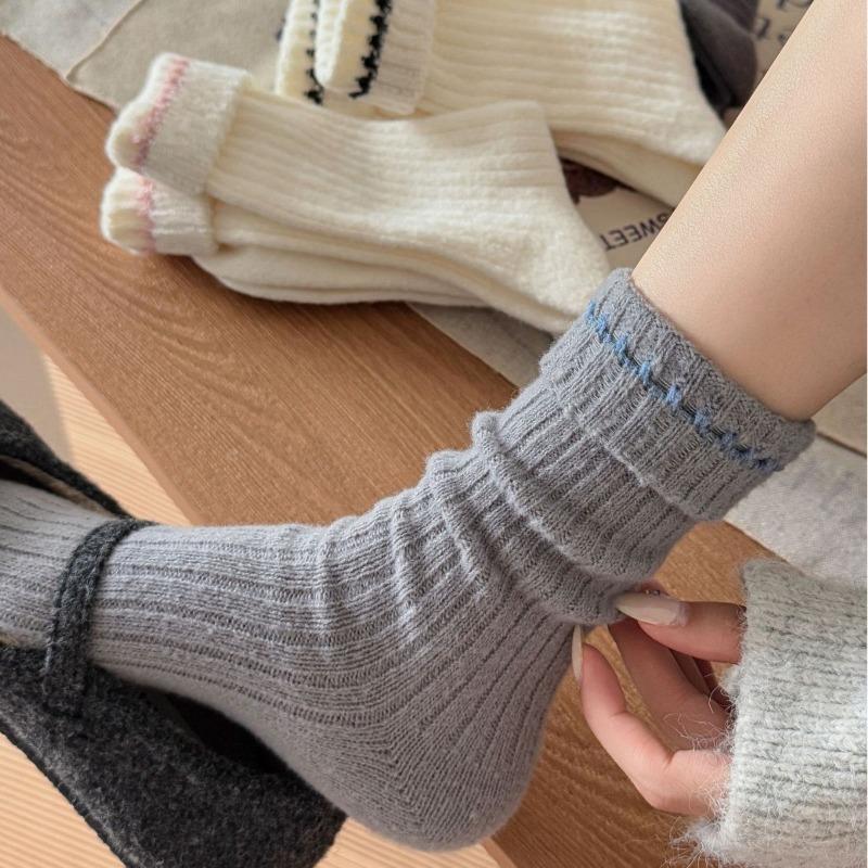 Thick, Warm, Soft and Fluffy Fleece Mid-calf Socks for Autumn and Winter, Solid Color Sweet Pile Socks, Versatile for Women