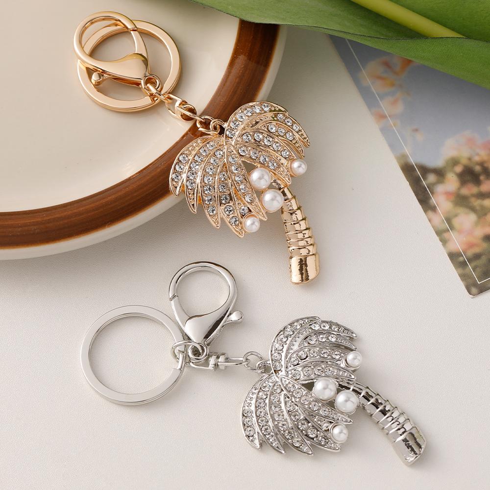 Coconut Tree Crystal Pearl Keychain Golden Color Key Ring Women's Bag Pendant Souvenir Gift Hawaii Beach