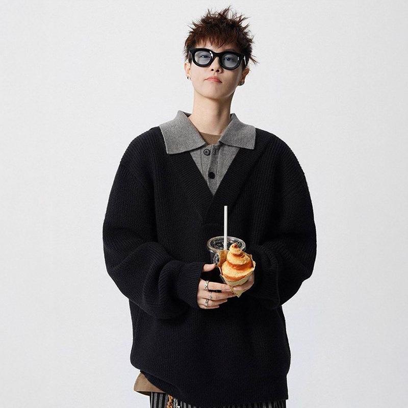 Men's American Retro Faux Two-Piece Polo Collar Sweater - Autumn/Winter Clean Fit Loose Casual Knitwear