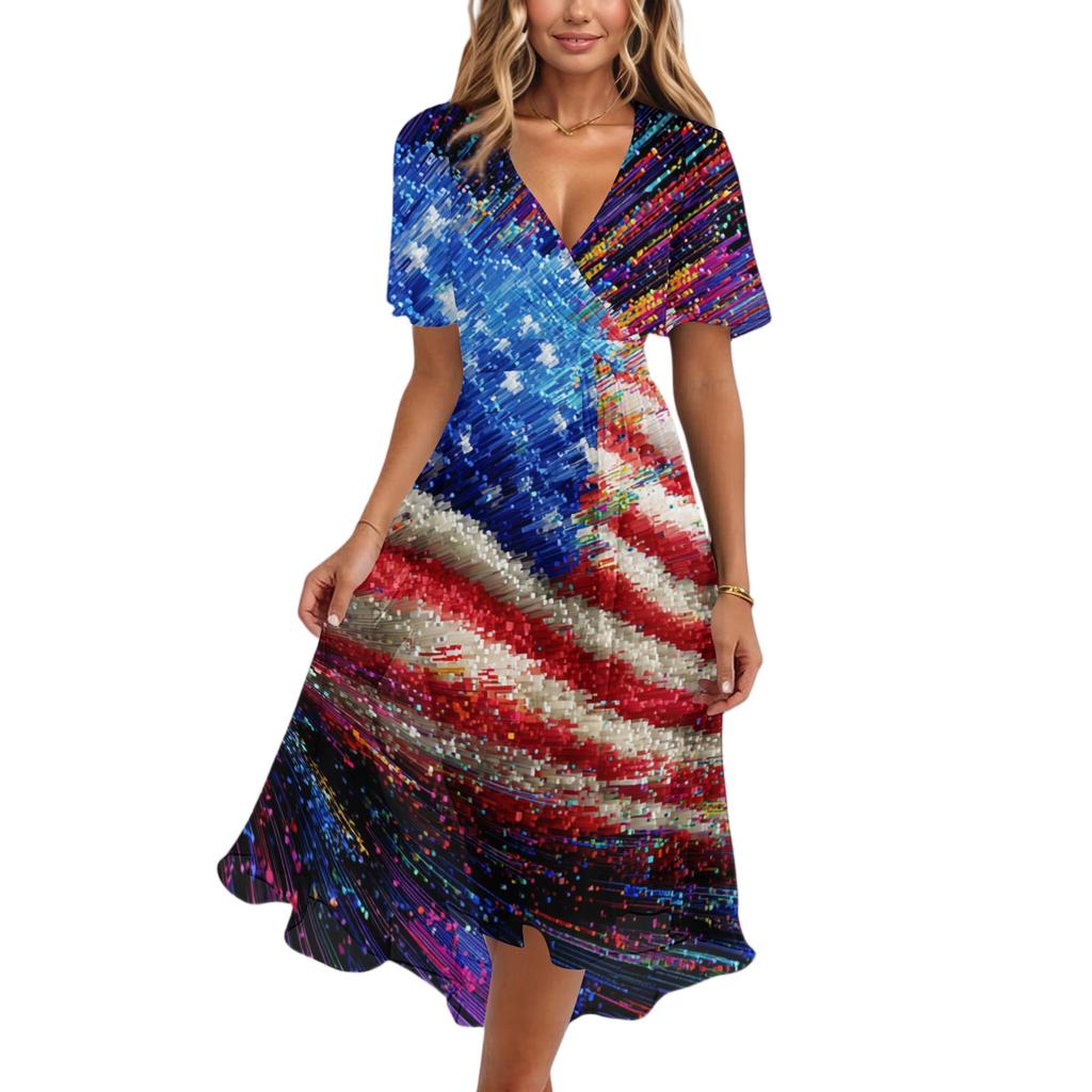 Women's Casual V-Neck Short-Sleeve Independence Day Print Dress