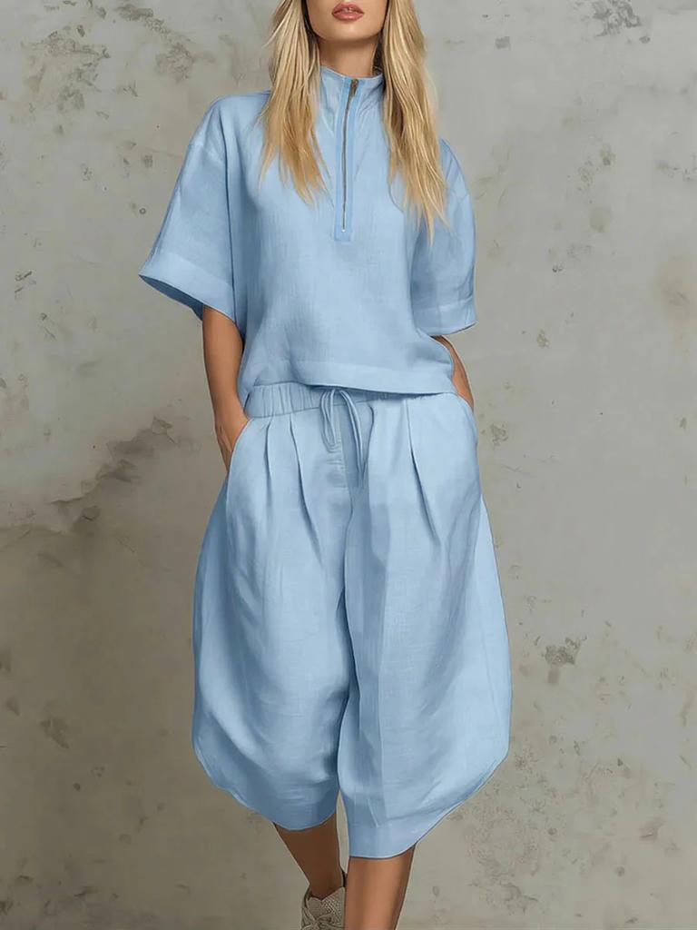 European and American Cross-border Women's Clothing Summer Casual Suit Semi-zipper Shirt Short-sleeved Top Drawstring Wide-leg Cropped Pants Two-piece