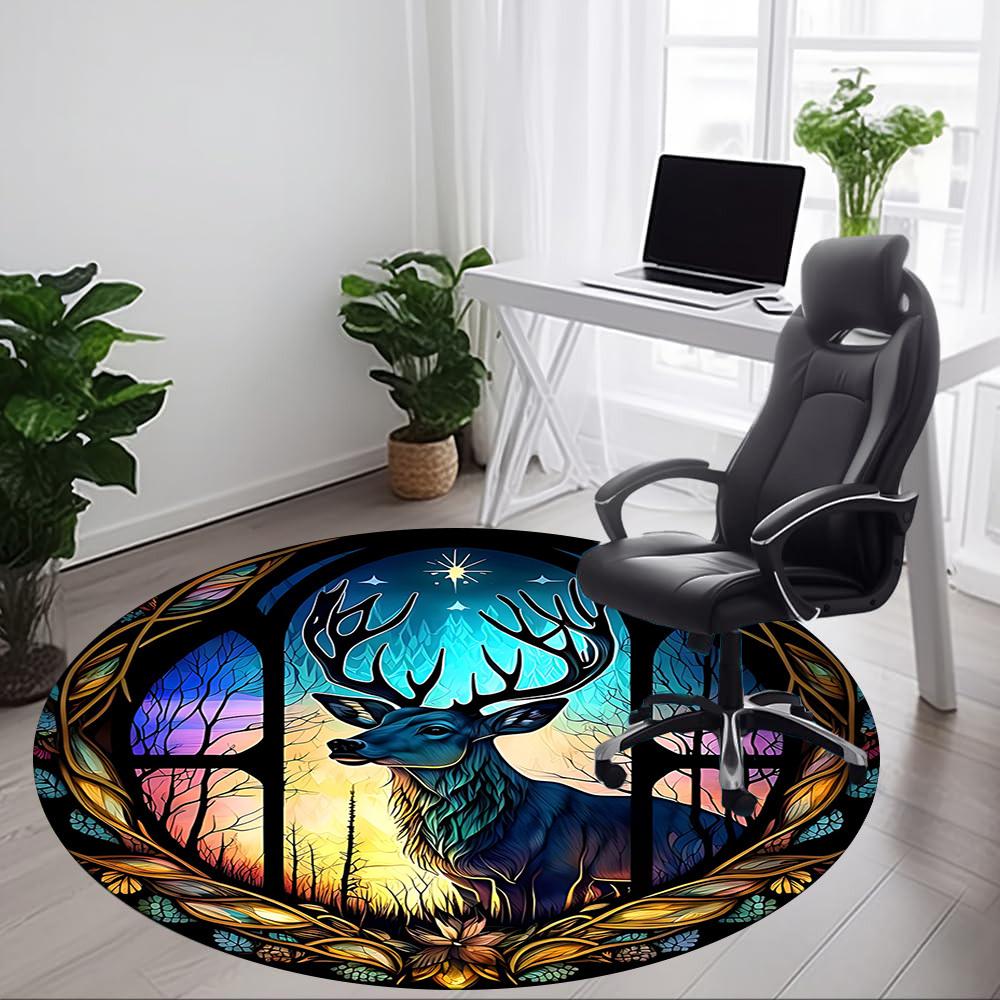 1pc Stained Glass Deer Office Round Area Rug, Under Office Chairs Bedroom Living Room Home Decor, Room Deco