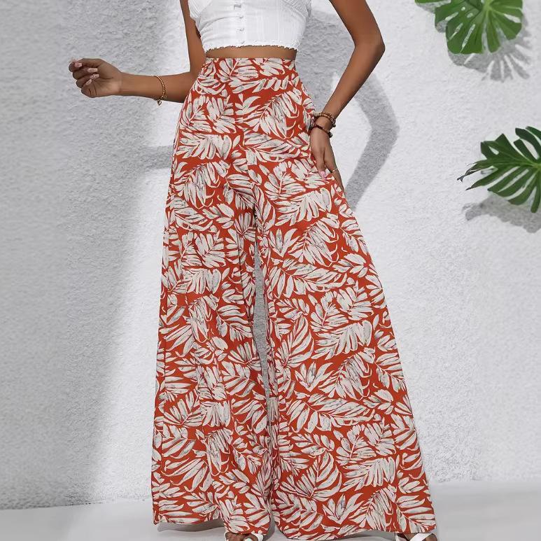 women's High Waist Leaf Printed Casual Wide Leg Pants Vacation Beach Trousers Bottoms