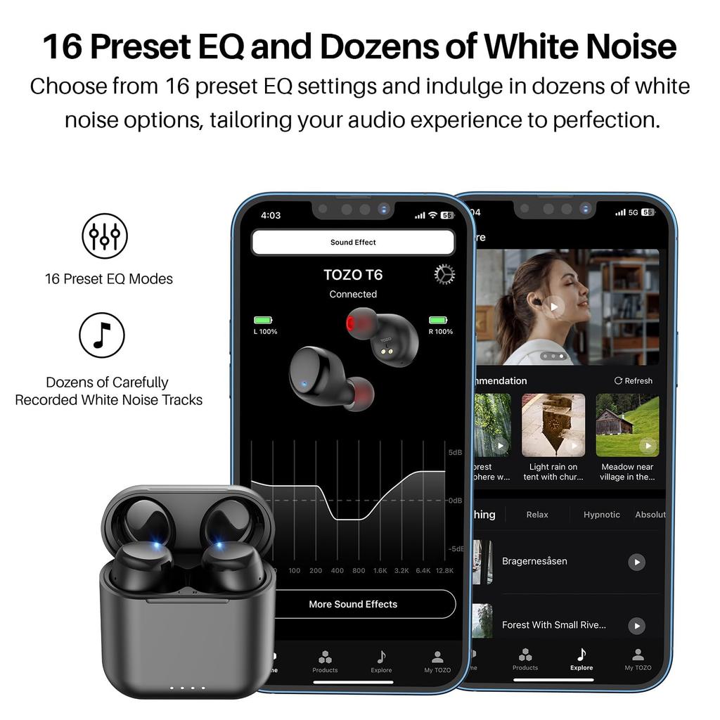 TOZO T6 Bluetooth Wireless Earbuds, Noise Cancelling, IPX8 Waterproof, Automatic Pairing, Separate Left and Right Earbuds, Touch Control, Bluetooth