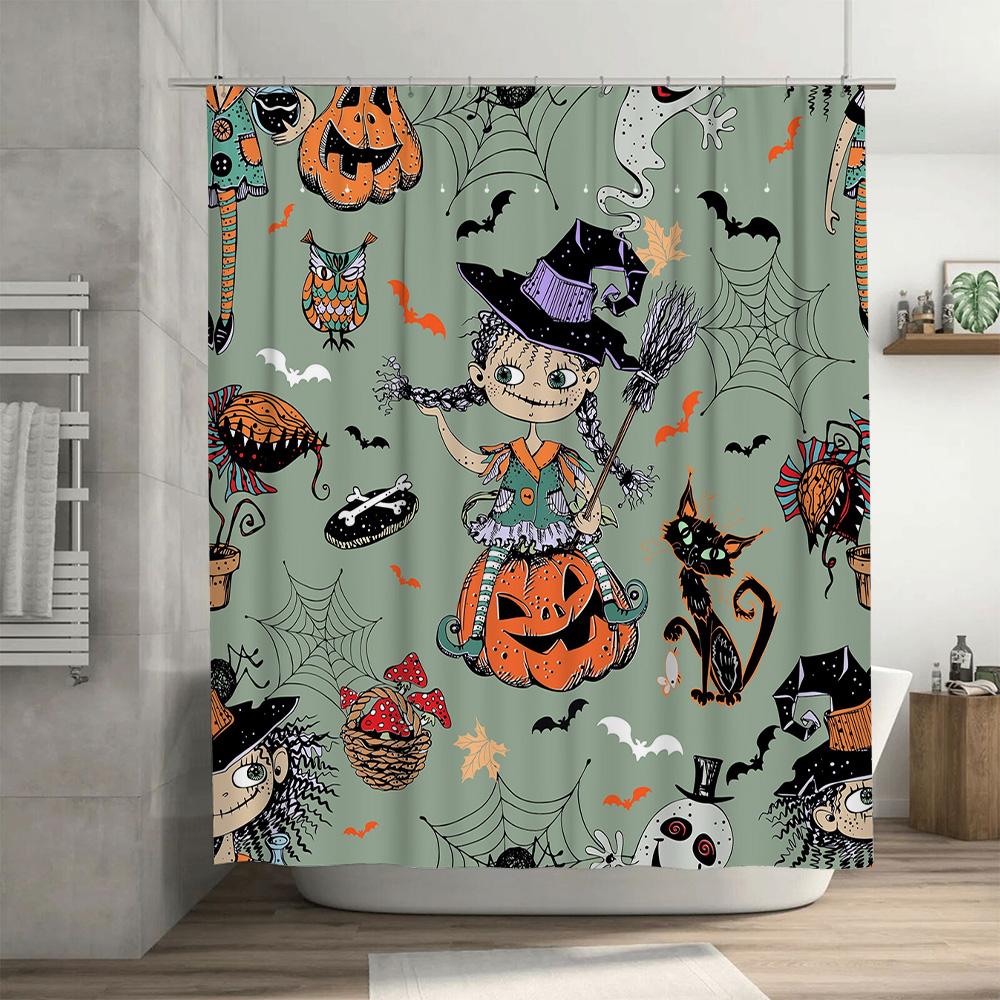 Halloween-Themed Shower Curtain Featuring A Witch Child With Broomstick And Cats Pumpkin Lanterns In Green Print Pattern For Bat