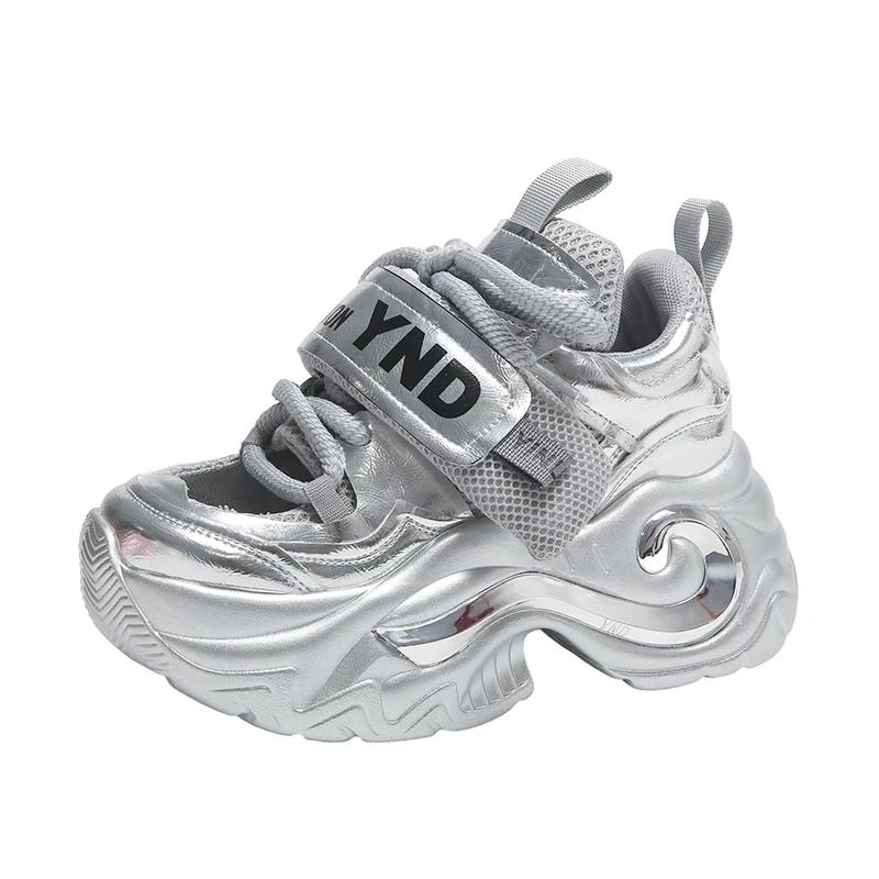 Fashion 8cm Summer New Shiny Sequins Chunky Platform Sneakers Women Breathable Lace Up Height Increase Shoes Woman Fashion Cute Sneakers