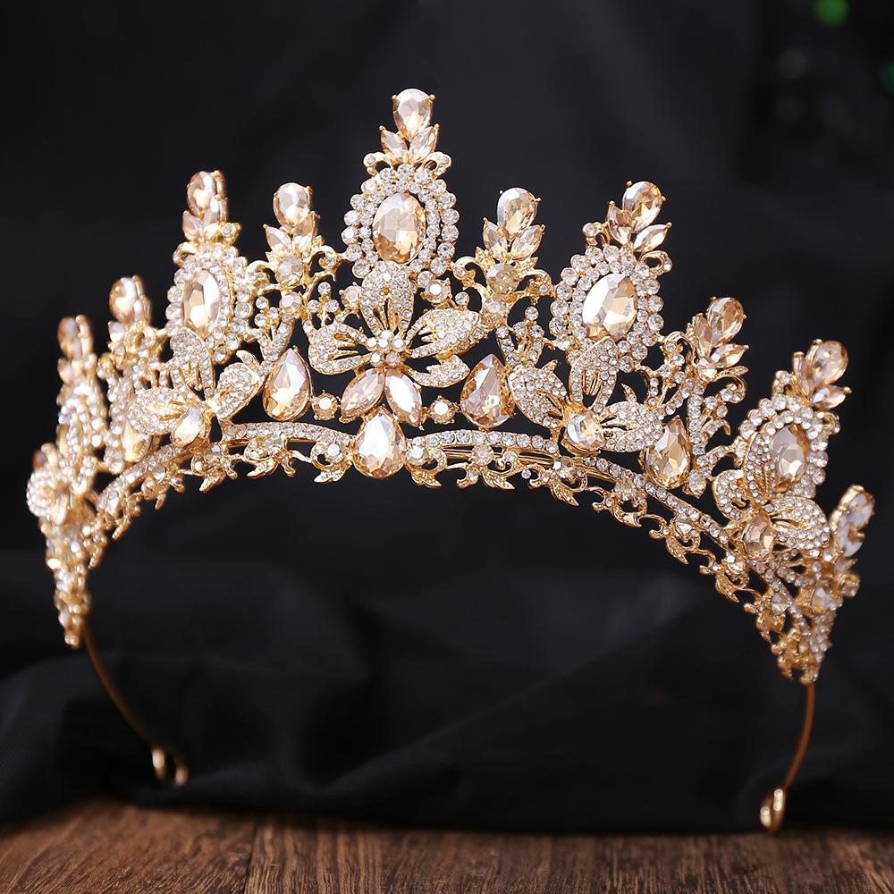 Gold Color Champagne Royal Queen Rhinestone Wedding Crown for Women Crystal Banquet Tiara Party Costume Hair Jewelry Accessories