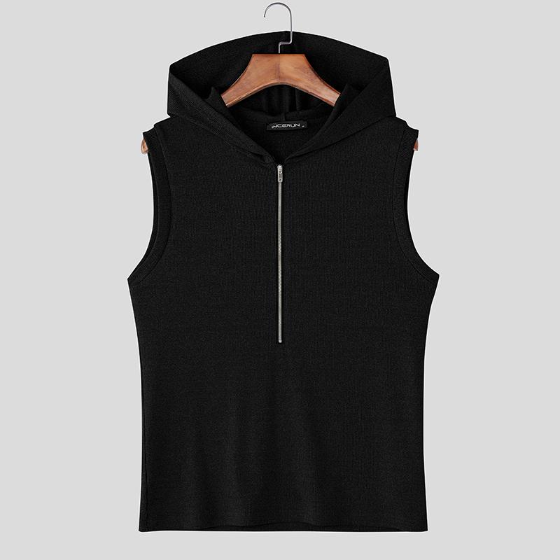 INCERUN Men Sleeveless Zip-up Rib Casual Hooded Tank Tops 
