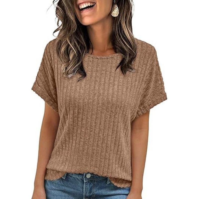 European and American summer new solid color loose round neck short sleeves, casual and comfortable T-shirt women's top