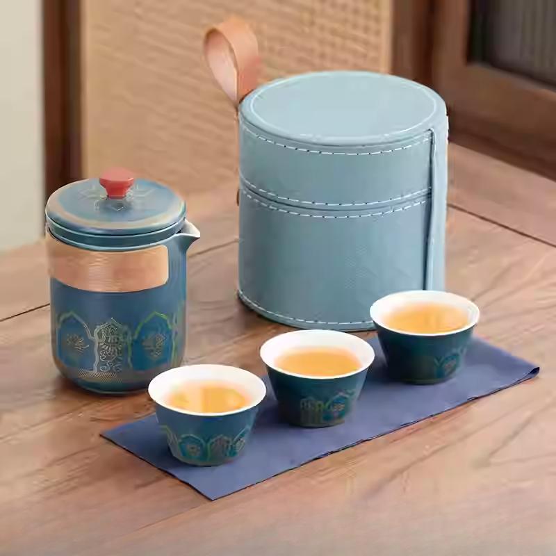 Outdoor Travel Tea Set Home One Pot Four Cups Portable Storage Bag Ceramic Quick Cup Brewing Teapot Tea Cups