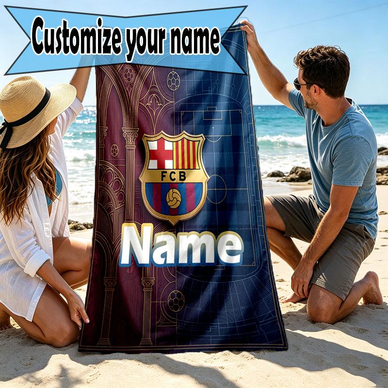 Personalisierter Strandtuch mit individuellem Namen, FC Barcelona Druck, für Reise, Camping, Strandparty, Heimdekoration, Geburtstagsgeschenk für Familie & Freunde