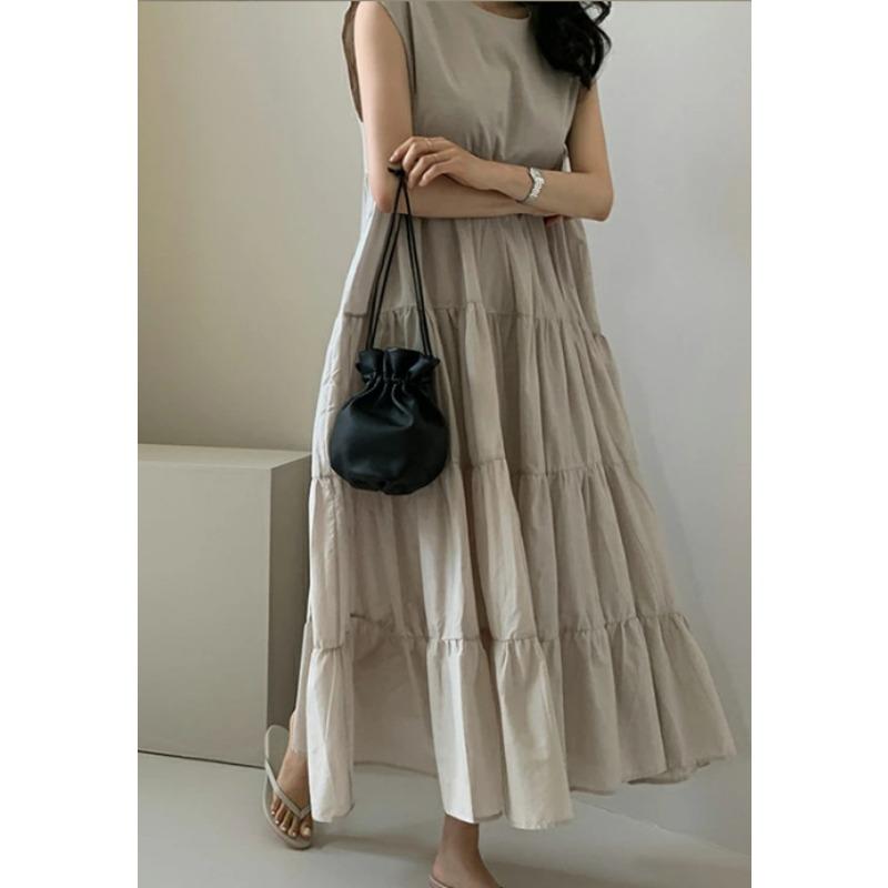 Patchwork Solid Color Long Skirt Sleeveless Commuter Crew Neck Dress