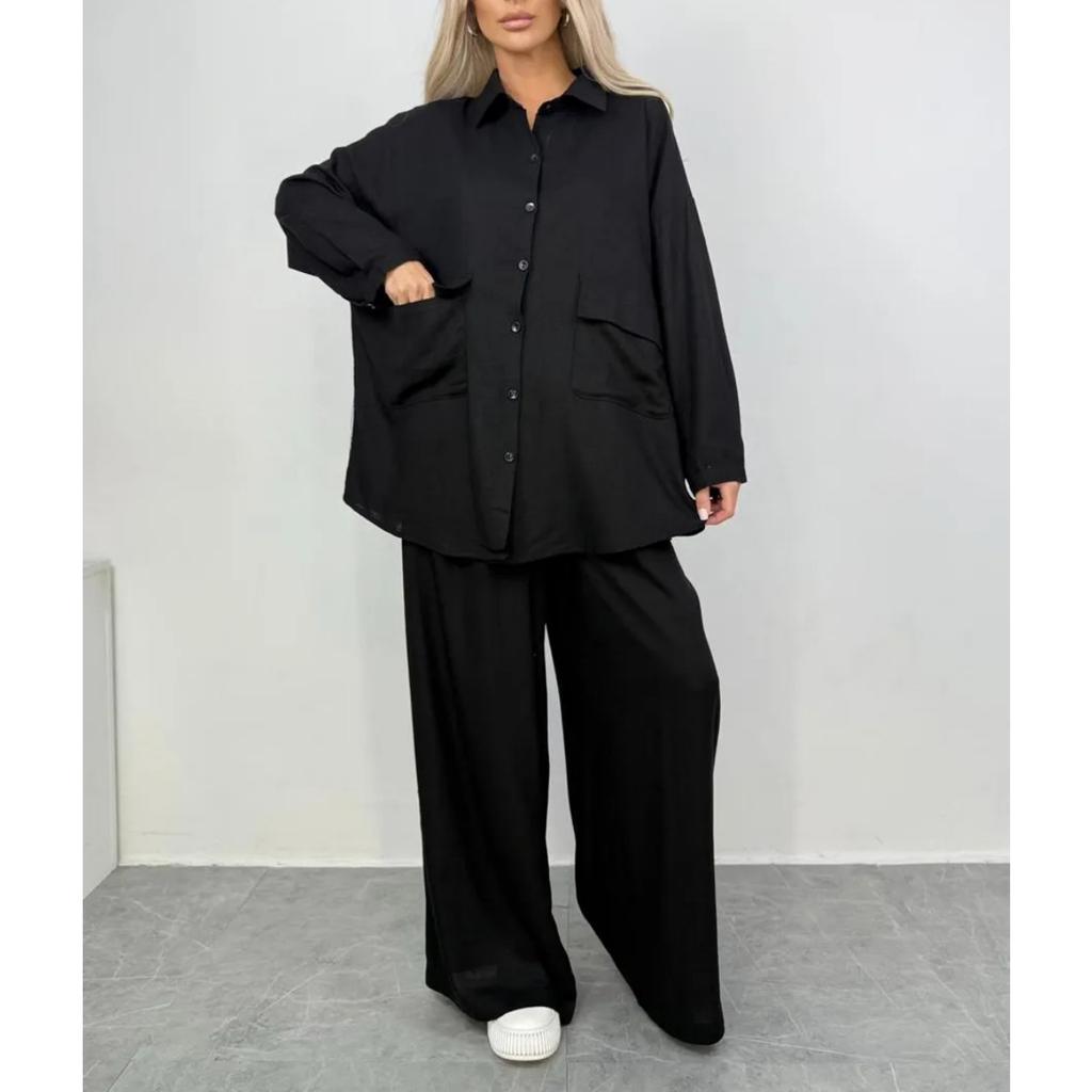 Fall Winter Women's 2 Pieces Outfits Long Sleeve Loose Shirt + Wide Leg Pants Set Casual Fashion Outfit