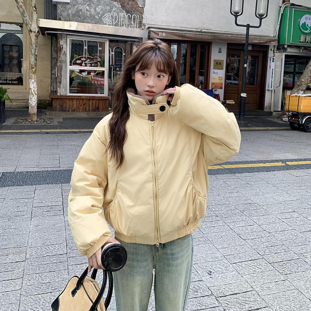 Parka Acolchoada Quente Outono Inverno Feminina Casual Doce Cor Sólida Bolso Grande Jaquetas Largas Roupas de Fora