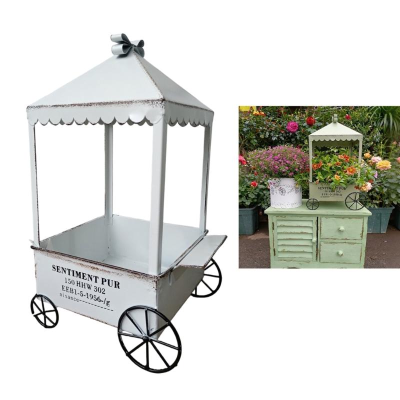 Decorative Garden Flower Cart Planter, Iron Wagon Pot Display with Canopies and Open Storage Tray for Home Patios Courtyards Display