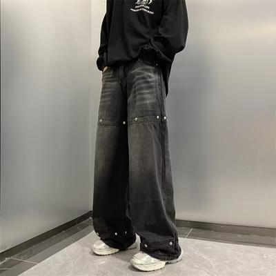 Calças jeans de rua para homens, retrô desgastadas, calças soltas de perna reta, calças esportivas de perna larga, na moda