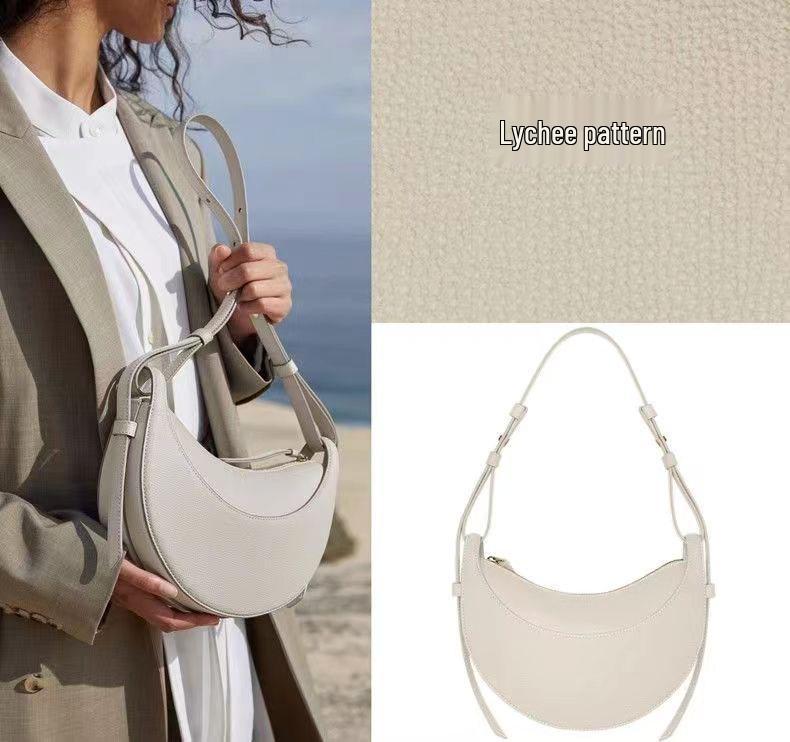 French Niche Design Women's Lychee Pattern Crescent Shoulder & Crossbody Saddle Bag