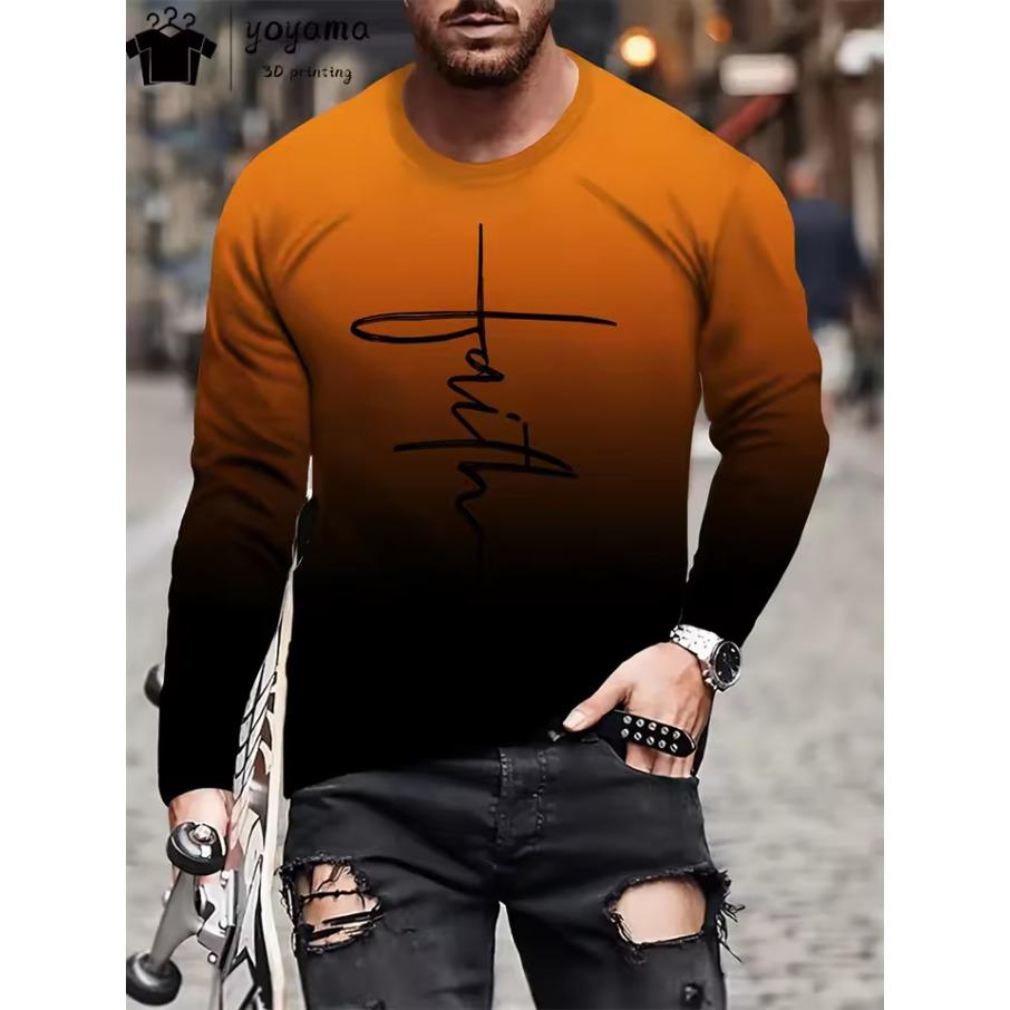 Alphabet Print Men's Clothing Round Neck Men's Long Sleeve T-shirts for Men Harajuku T shirt Men Gradient Men's Clothing